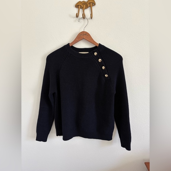 Sézane Knit Jumper with Gold Button Detail Navy Blue Sweater - Picture 3 of 11